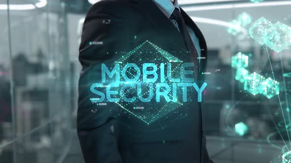 Businessman with Mobile Security Hologram Concept