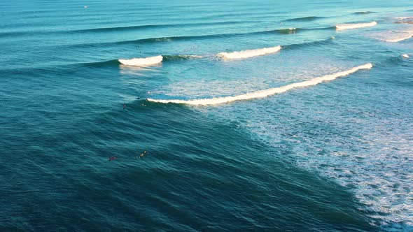Aerial view of surfers at Moffat Beach, Queensland, Australia