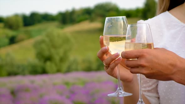 A Woman and a Man Drink Wine in a Lavender Field