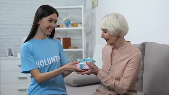 Female Social Worker Giving Present Smiling Aged Lady, Birthday Greeting, Care