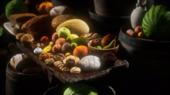 Food Table with Wine Barrels and Some Fruits Vegetables and Bread