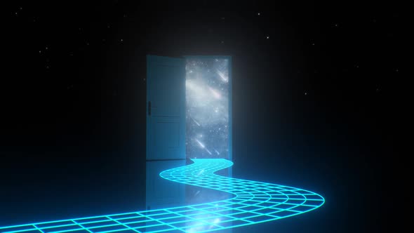 Abstract Aesthetic Vaporwave Door Open to Space Stars Neon Path - 1080p