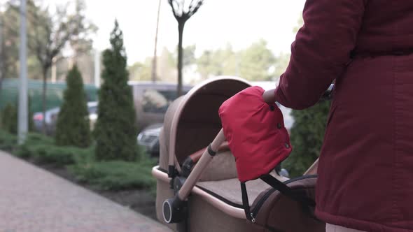 A Young Mother on a Walk with a Newborn Baby During a Cool Period