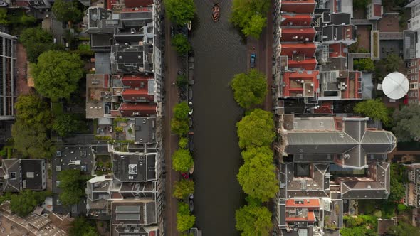 Amsterdam, Netherlands Canal Overhead Birds View with Boat Traffic