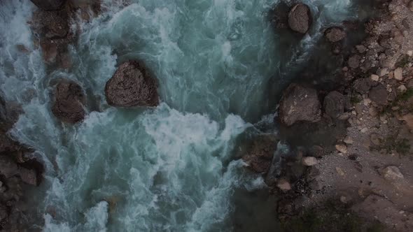 Drone Is Flying Over Small Mountain River, Showing Panorama of Valley