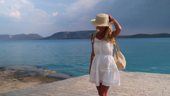 Beautiful Girl Tourist Walking in the Ermioni Greece