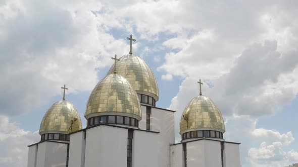 Dome of the Church Aerial View Traditional Old Church in Lviv Ukraine City Cloudy Blue Sky