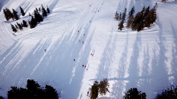 Panoramic top view from drone on cable way in ski resort. Ski lift elevator transporting skiers and