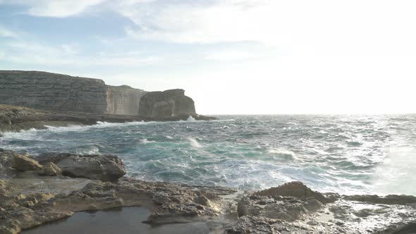 Mediterranean Sea Crashing Waves in the Shore near Azure Window in Gozo Island