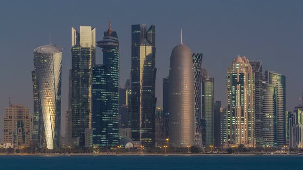 Skyline of Doha Night to Day Transition Timelapse in Qatar