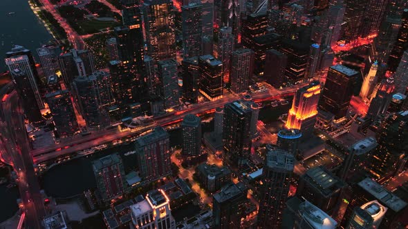 Illuminated city, night cityscape, Aerial shot in a crowded city