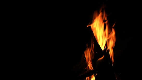 Wood Fire Burn On Black Background 