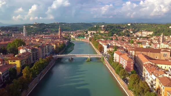 Verony Italy Skyline Aerial Footage in . View of Riva and Bridge in Verona City. Left Side Old Town