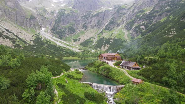 Aerial view of the lake Zelene pleso in the High Tatras in Slovakia