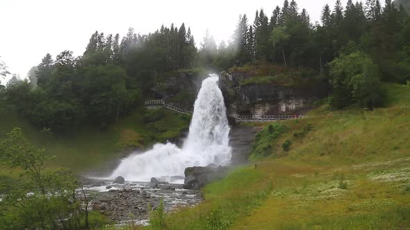 Falls in Mountains of Norway in Rainy Weather