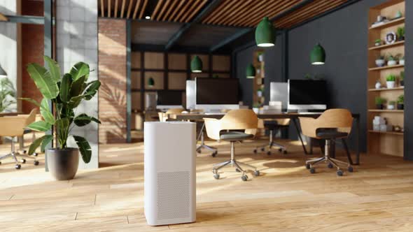 Air Purifier In Modern Open Plan Office For Fresh Air, Healthy Life, Cleaning And Removing Dust.