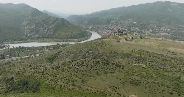 Panoramic View Of The Oldest Town Of Mtskheta In Mtskheta-Mtianeti, Province of Georgia. Aerial Wide