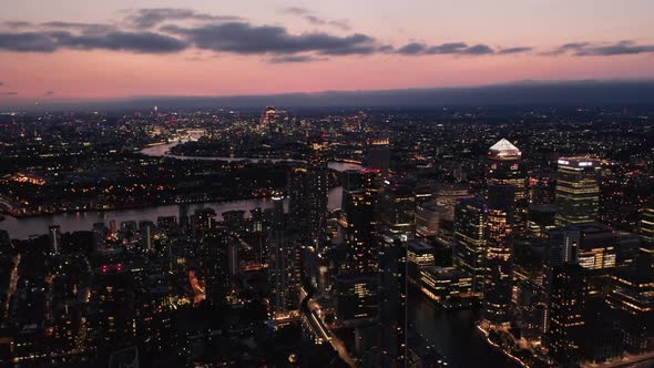 Panoramic View of Large Town in Evening Cityscape Against Twilight Sky