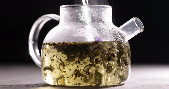 Process of Brewing Green Tea in Glass Transparent Teapot at Dark Background