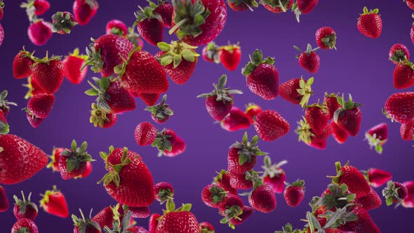 Strawberry with Slices Falling on Purple Background