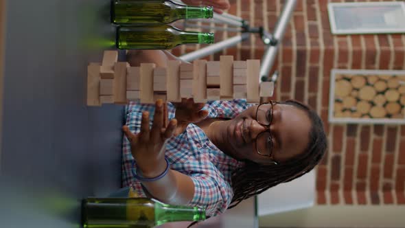 Vertical Video Joyful People Playing Tower Game with Wooden Blocks