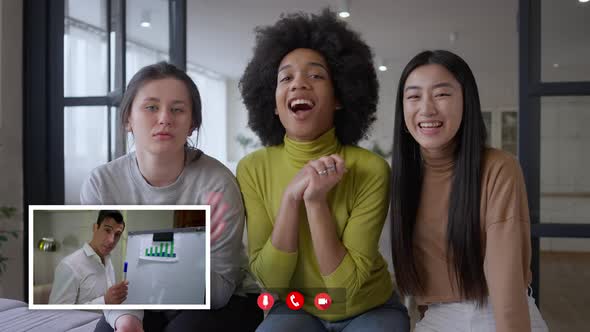 Positive Multiethnic Women Waving Greeting Man in Virtual Conference