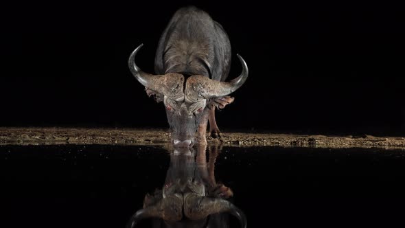 Dramatic light: Cape Buffalo drinks from dark pond in black of night