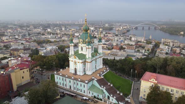 Kyiv, Ukraine Aerial View in Autumn : St. Andrew's Church. Kiev