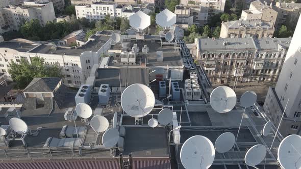 TV Antennas on the Roof of the Building. Aerial. Kyiv, Ukraine, Flat, Gray