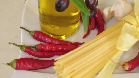 Pasta spaghetti with garlic, olive oil and chili pepper. Typical Italian traditional food ingredient