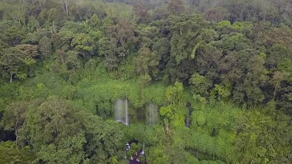 Powerful Waterfall in Tropical Jungle. Breathtaking aerial view flight panorama overview drone foot