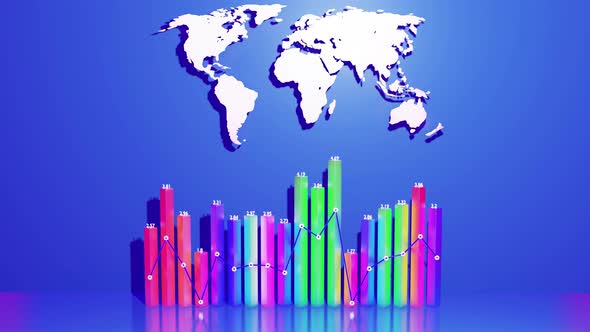 Abstract Beautiful Multicolor Columns Form Graph and with the World Map Form an Information Panel As