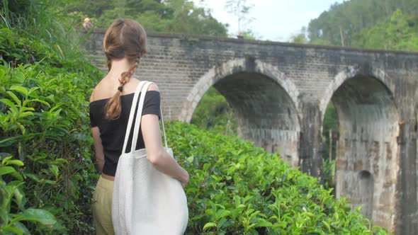 Pretty Girl in Black T-shirt Walks Along Green Plantation