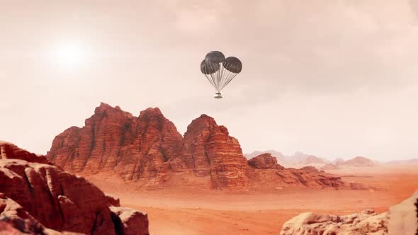 Space Capsule Parachute Descending to the Surface of Mars