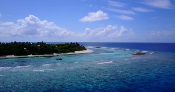 Tropical flying clean view of a summer white paradise sand beach and aqua blue water background in b