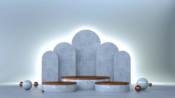 3D animation loop. White marble display podiums for product presentation.