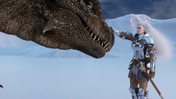 White Haired Female Warrior Knight Petting the Dragon Against alt