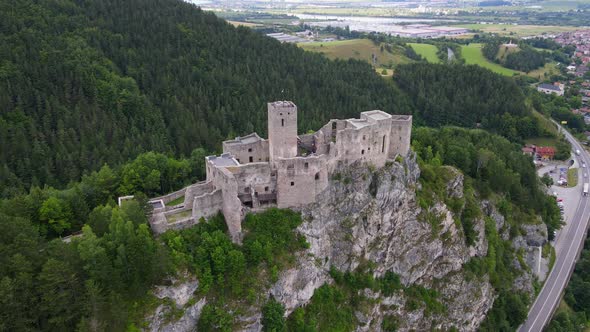 Aerial view of the castle in the village of Strecno in Slovakia