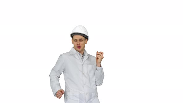 Engineer Man Dancing Hip-hop in Funny Way on White Background.