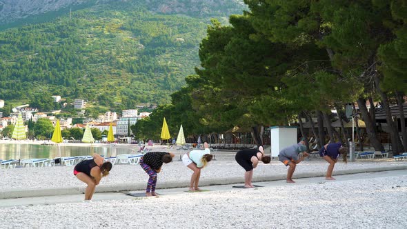 Group of People doing yoga Asanas on Beautiful Seaside