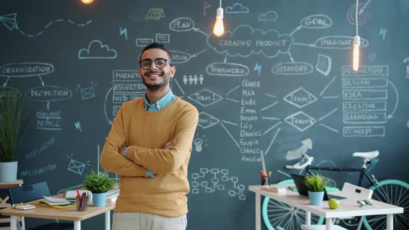 Slow Motion of Happy Middle Eastern Man Smiling Standing in Workplace with Arms Crossed