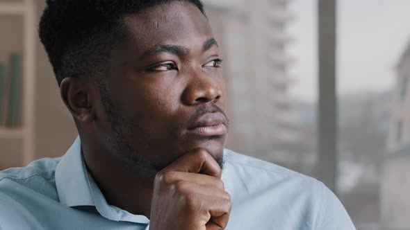 Thoughtful Serious Young African American Man Doubtful Guy Dreamer Worker Businessman Hold Hand on