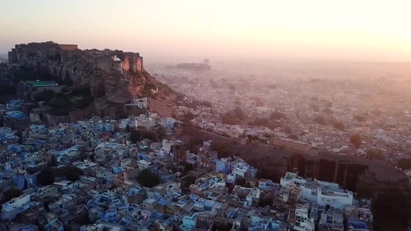 Aerial view Drone 4k of Blue City And Mehrangarh Fort In Jodhpur