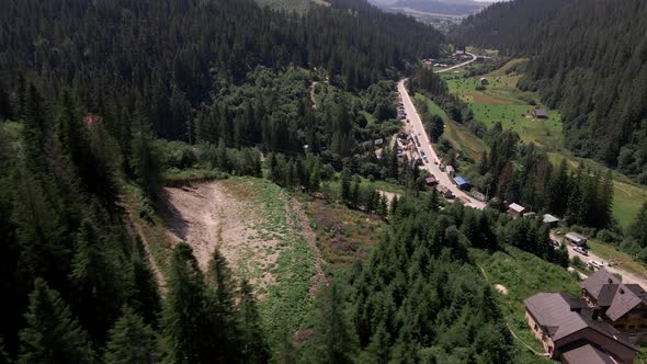 Aerial View of Carpathian Canyon Road Ans Small Village