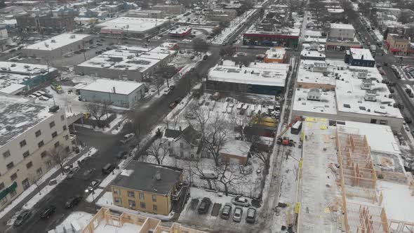 aerial street shoot above Minneapolis during winter time