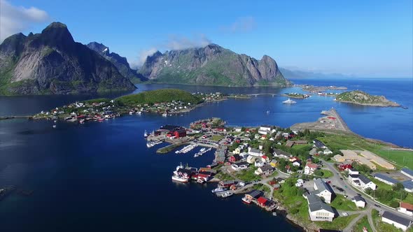 Town Reine on Lofoten islands in Norway from air