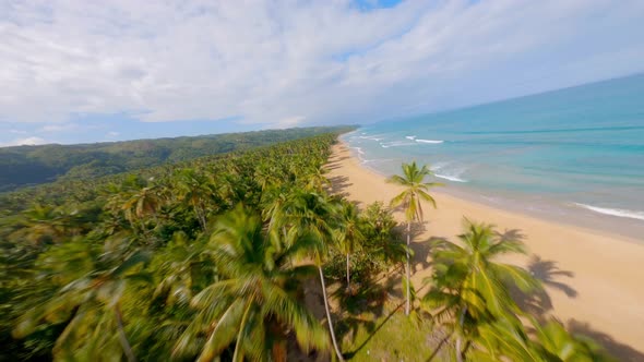 Aerial drone fpv flying over Playa Coson, Las Terrenas in Dominican Republic