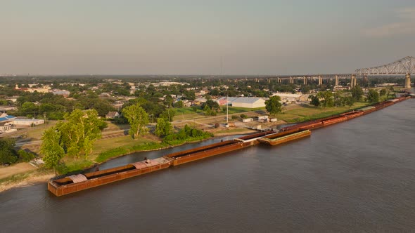 Aerial view of barges and the American flag