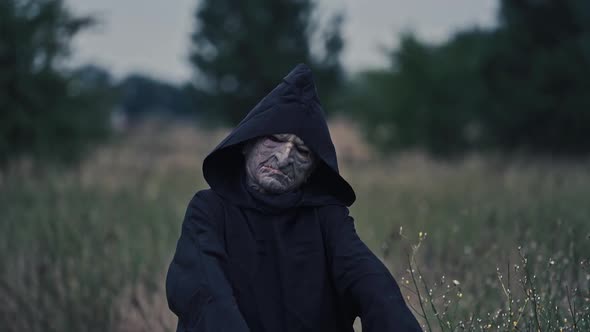 Scary Halloween costume. Portrait of frightful ghost on blur nature background in the evening.