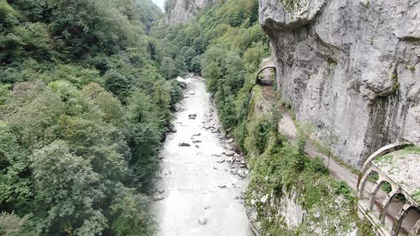 Aerial view of old abandoned road to Krasnaya Polyana in Sochi. Russia.